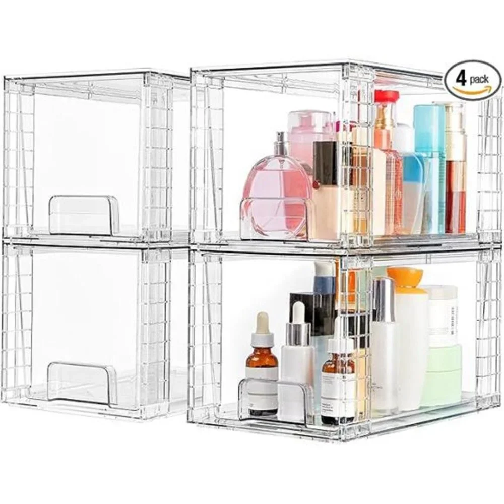 4 Pack Large Stackable Storage Drawers Easily Assemble Acrylic Bathroom Closet